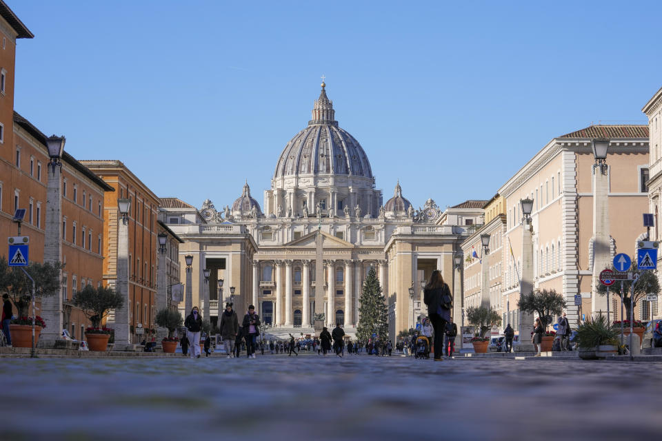 A view of St. Peter's Square and Basilica, at the Vatican, Friday, Dec. 17, 2021. Pope Francis is celebrating his 85th birthday Friday, Dec. 17, 2021, a milestone made even more remarkable given the coronavirus pandemic, his summertime intestinal surgery and the weight of history: His predecessor retired at this age and the last pope to have lived any longer was Leo XIII over a century ago. (AP Photo/Andrew Medichini)