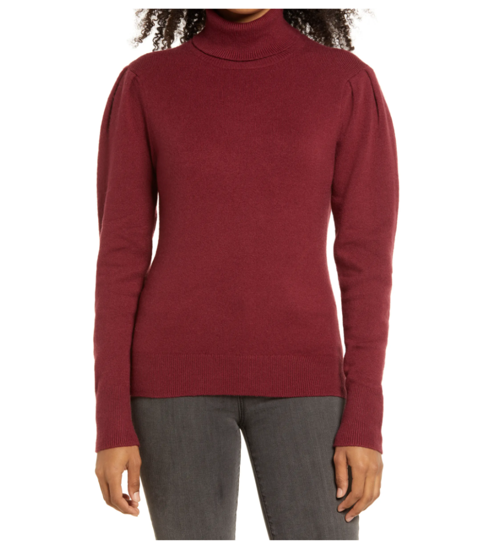 Rachell Parcell Puff Shoulder Turtleneck Sweater. Image via Nordstrom.