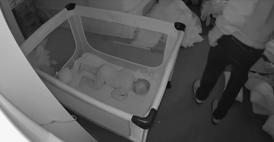 The intruder walks around the bedroom while the family – including their baby son – sleeps. Photo: Facebook/laytoncitypolice