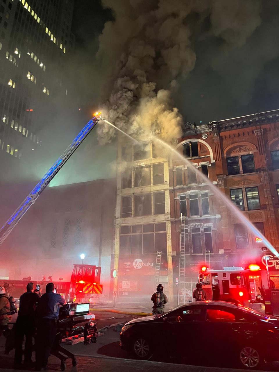 A fire engulfed the Market Street building that houses Osaka Japanese Restaurant early Thursday morning, Sept. 14, 2023, in downtown Louisville.