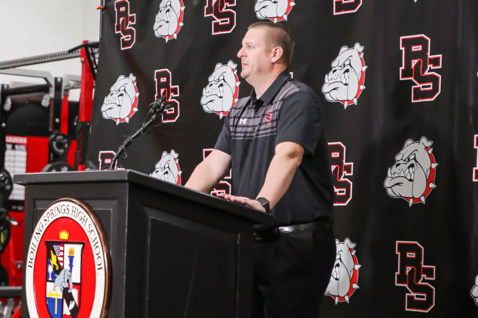 New Boiling Springs football coach Matt Reel addresses the media at his introductory news conference on Jan. 21, 2022 at Boiling Springs High School.