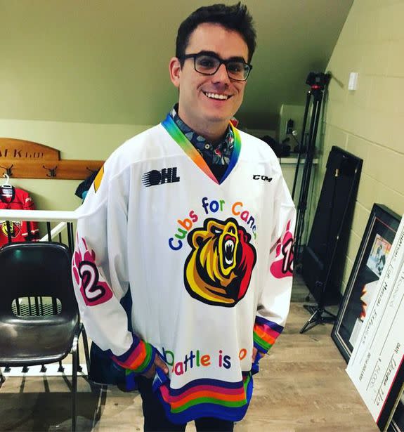 Gibbons wearing a jersey for the local OHL team, the Owen Sound Attack. "I work for them running the Fan Cam on game nights, and I’ve done some commentary for games as well on our radio station. Big hockey fan!"