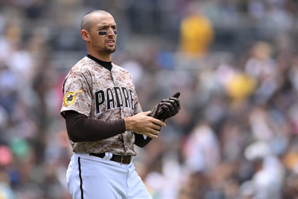 San Diego Padres outfielder Trayce Thompson after striking out against the Miami Marlins in San Diego at Petco Park, May 8, 2022.