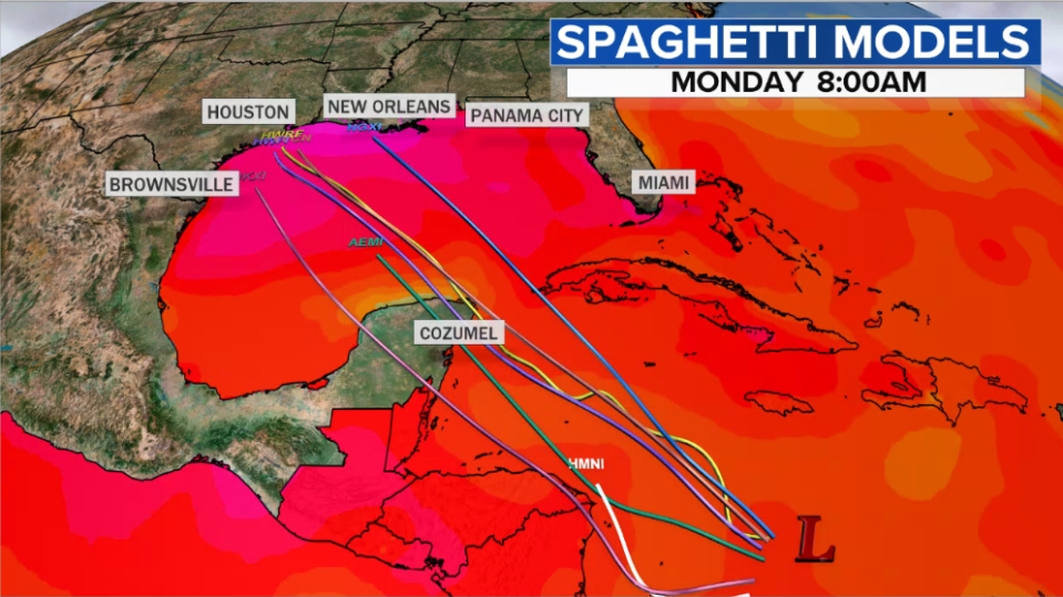 Various computer model depictions of the track of 99L from the Caribbean towards the central or western Gulf Coast / Credit: CBS News