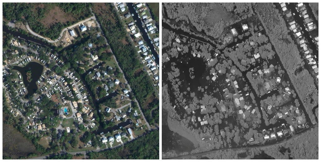 A combination picture shows satellite images of Crystal River before and after flooding (via REUTERS)