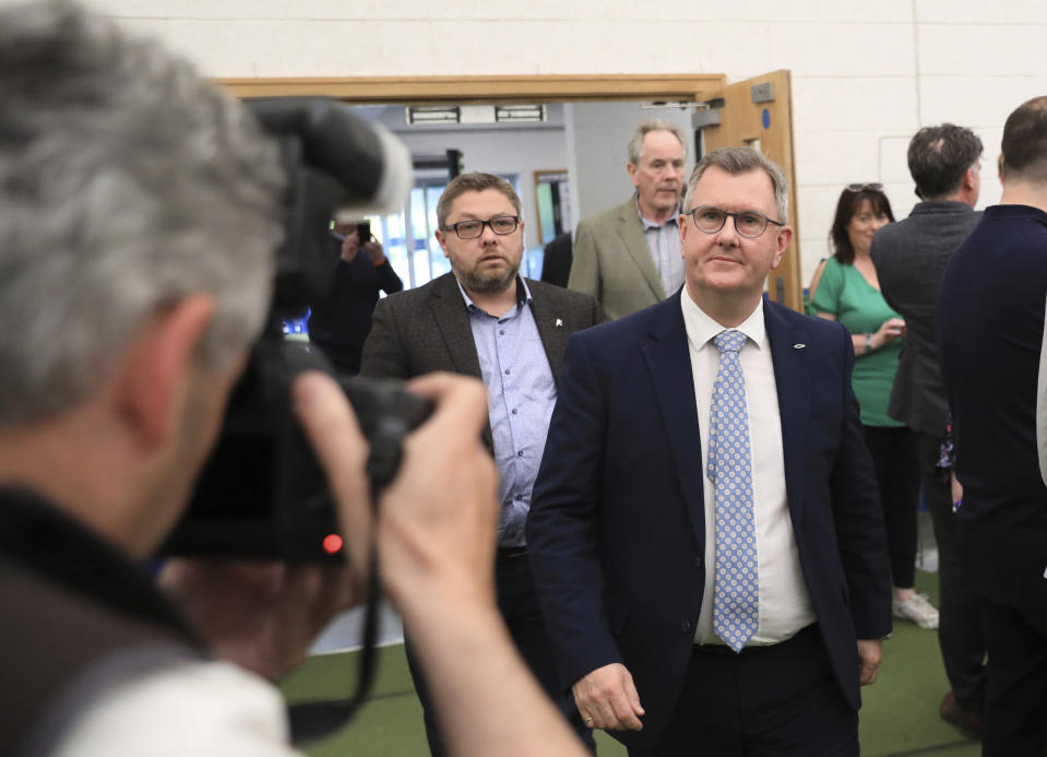 Jeffrey Donaldson leader of the Democratic Unionist Party attends the Medow Bank election count centre on Saturday, May, 7, 2022, in Magherafelt , Northern Ireland. (AP Photo/Peter Morrison)