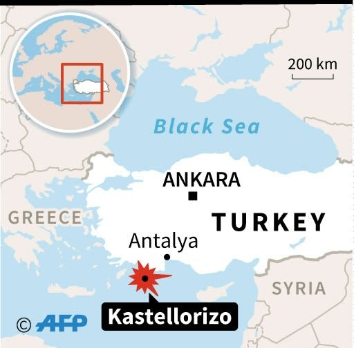 Map showing the location in the Mediterranean off the Turkish coast where many people drowned after the speedboat they were in sank