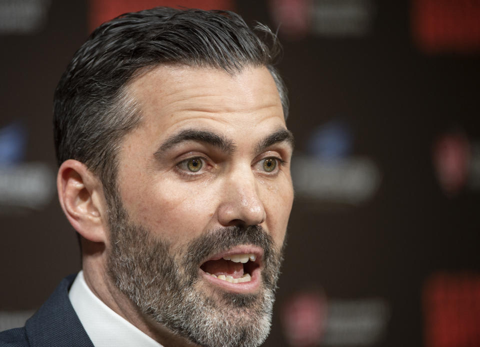 Cleveland Browns new NFL football head coach Kevin Stefanski answers a question during a news conference at FirstEnergy Stadium in Cleveland, Tuesday, Jan. 14, 2020. (AP Photo/Phil Long)