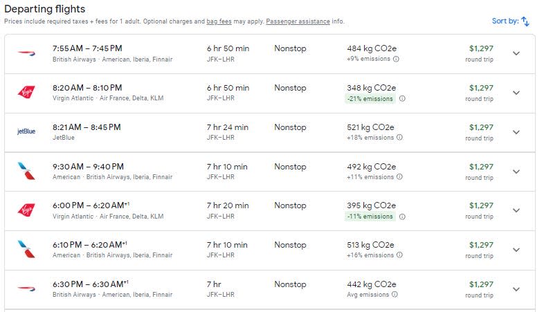 The airfare for New York-JFK to London Heathrow roundtrip is $1,297 regardless of departure time.