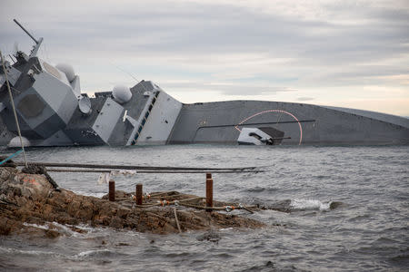 A shipwrecked Norwegian navy frigate "KNM Helge Ingstad" is seen in this Norwegian Coastal Administration handout picture in Oygarden, Norway, November 13, 2018. Jakob Ostheim/Norwegian Coastal Administration/Handout vis REUTERS ATTENTION EDITORS - THIS IMAGE WAS PROVIDED BY A THIRD PARTY. NO RESALES. NO ARCHIVES.