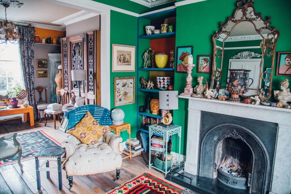 a living room with a fireplace