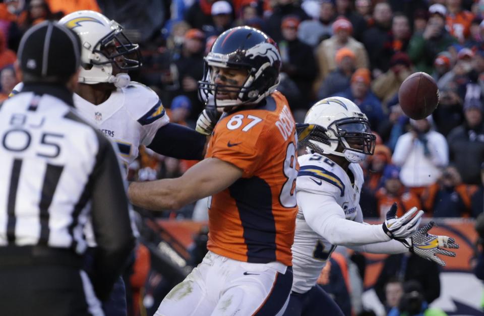 San Diego Chargers inside linebacker Donald Butler (56) reaches for a tipped ball that was intended for Denver Broncos wide receiver Eric Decker (87) to intercept the pass in the end zone in the second quarter of an NFL AFC division playoff football game, Sunday, Jan. 12, 2014, in Denver. (AP Photo/Charlie Riedel)