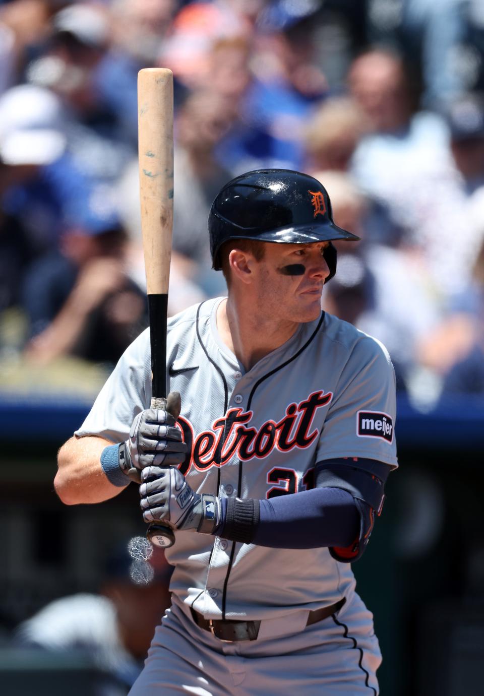 Tigers right fielder Mark Canha bats during the first inning of the game against the Royals on Wednesday, May 22, 2024, in Kansas City, Missouri.