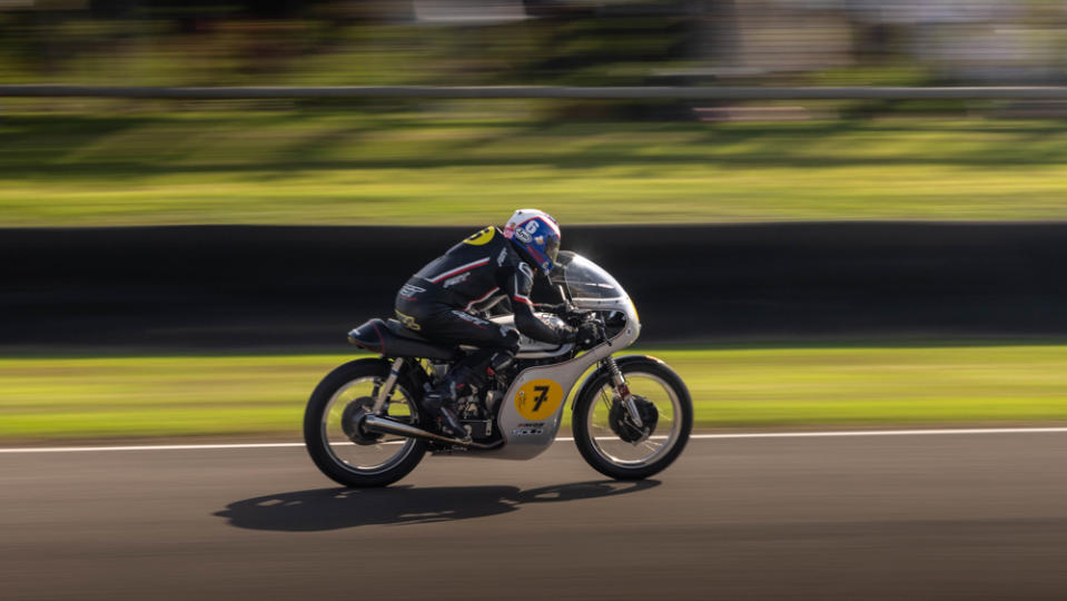A classic race bike takes to the track at the 2023 Goodwood Revival.