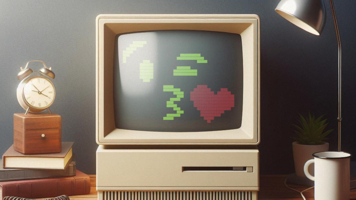  Retro computer with monitor blowing kiss to user in ASCII. 