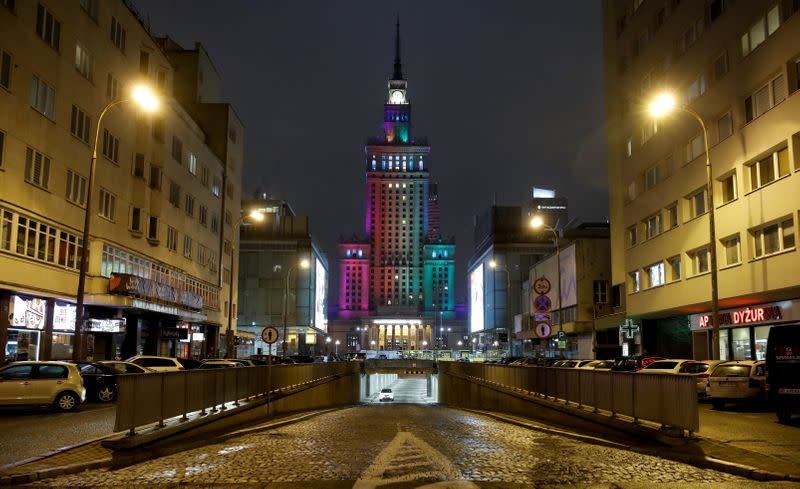 Palace of Culture and Science is illuminated in rainbow colours in a gesture of solidarity with the LGBT community during International Day of Tolerance in Warsaw