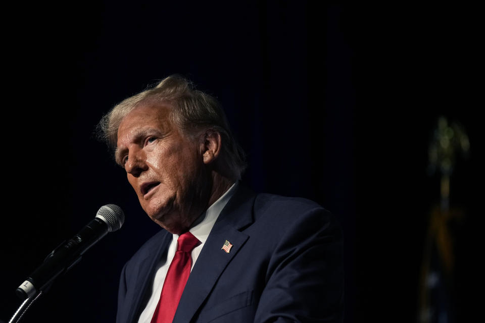 FILE - Republican presidential candidate former President Donald Trump speaks Wednesday, Oct. 11, 2023, at Palm Beach County Convention Center in West Palm Beach, Fla. (AP Photo/Rebecca Blackwell, File)