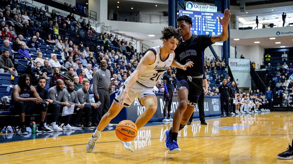 Monmouth's Xander Rice drives against Hampton at OceanFirst Bank Center in West Long Branch, N.J. on Jan. 20, 2024.