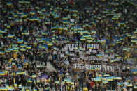 Ukrainian fans support their team prior the Euro 2024 qualifying play-off soccer match between Ukraine and Iceland, at the Tarczynski Arena Wroclaw in Wroclaw, Poland, Tuesday, March 26, 2024. (AP Photo/Czarek Sokolowski)