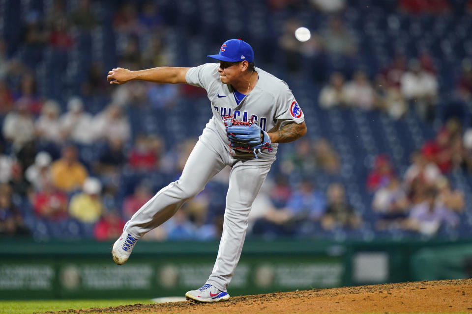 Chicago Cubs' Manuel Rodriguez pitches during the sixth inning of a baseball game against the Philadelphia Phillies, Tuesday, Sept. 14, 2021, in Philadelphia. (AP Photo/Matt Slocum)