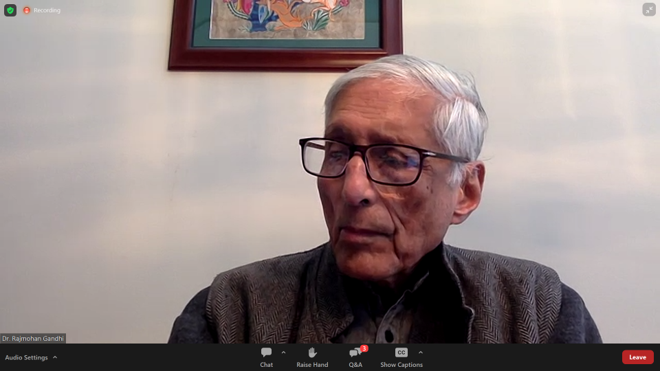 Rajmohan Gandhi, a historian and grandson of Mahatma Gandhi, speaks at an East Stroudsburg University event via Zoom on Tuesday, April 4, 2023.