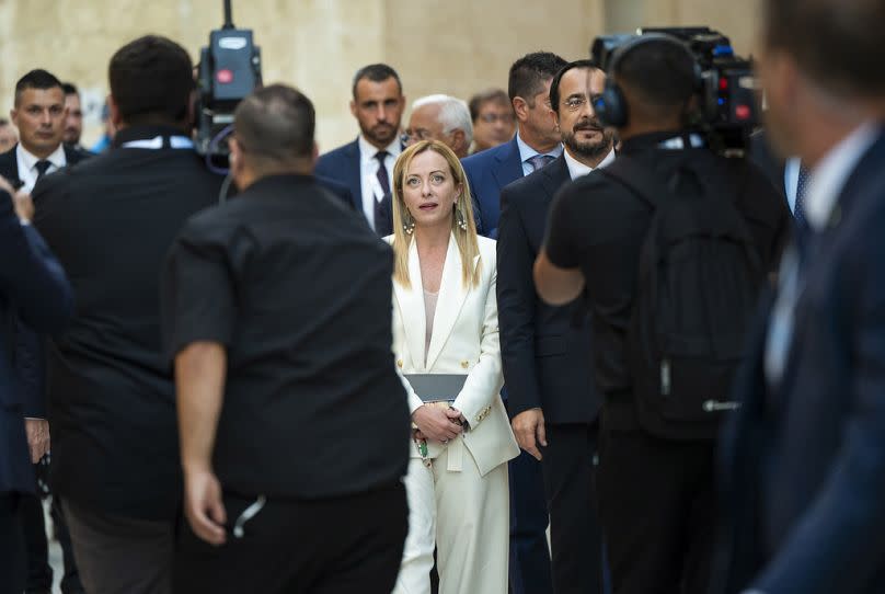 Italy&apos;s Prime Minister Giorgia Meloni arrives to attend a news conference, in Mdina, September 2023