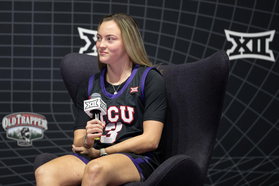 Oct 17, Kansas City, MO, USA; Texas Christian University player Madison Conner answers questions at the Big 12 Womens Basketball Tipoff at T-Mobile Center. Kylie Graham-USA TODAY Sports