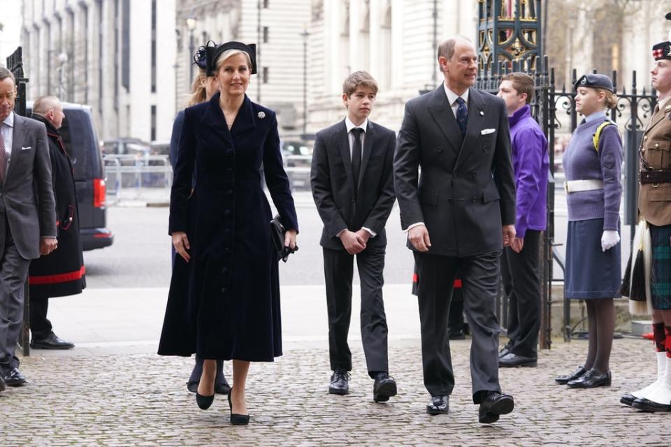 The Earl and Countess of Wessex, Lady Louise Mountbatten-Windsor and Viscount Severn arriving for the Service of Thanksgiving (Aaron Chown/PA) (PA Wire)