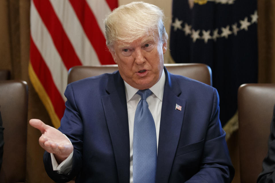 President Donald Trump speaks during a Cabinet meeting in the Cabinet Room of the White House, Tuesday, July 16, 2019, in Washington. (AP Photo/Alex Brandon)