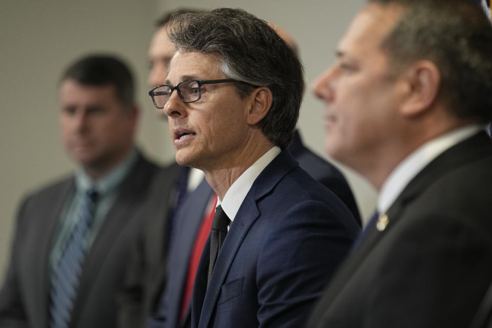 U.S. Attorney for the Middle District of Tennessee Henry C. Leventis, second from right, speaks during a news conference Thursday, March 7, 2024, in Nashville, Tenn. Leventis announced the arrest and indictment of U.S. Army Intelligence Analyst Korbein Schultz for conspiracy to obtain and disclose defense information. (AP Photo/George Walker IV)