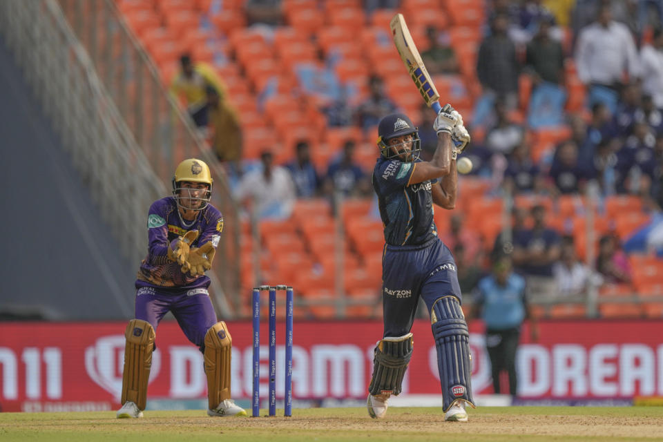 Gujarat Titan's Vijay Shankar plays a shot during the Indian Premier League (IPL) match between Gujarat Titans and Kolkata Knight Riders in Ahmedabad, India, Sunday, April 9, 2023. (AP Photo/Ajit Solanki)