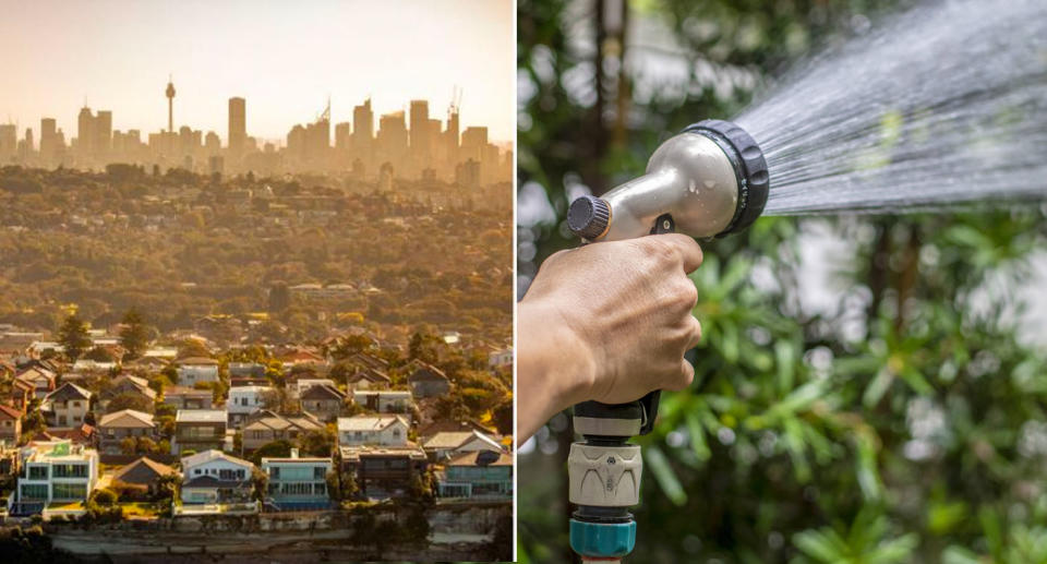 Sydney residents will now be able to use a hose during certain periods. Pictured is the Sydney skyline on the left and a hand holding a hose on the right.