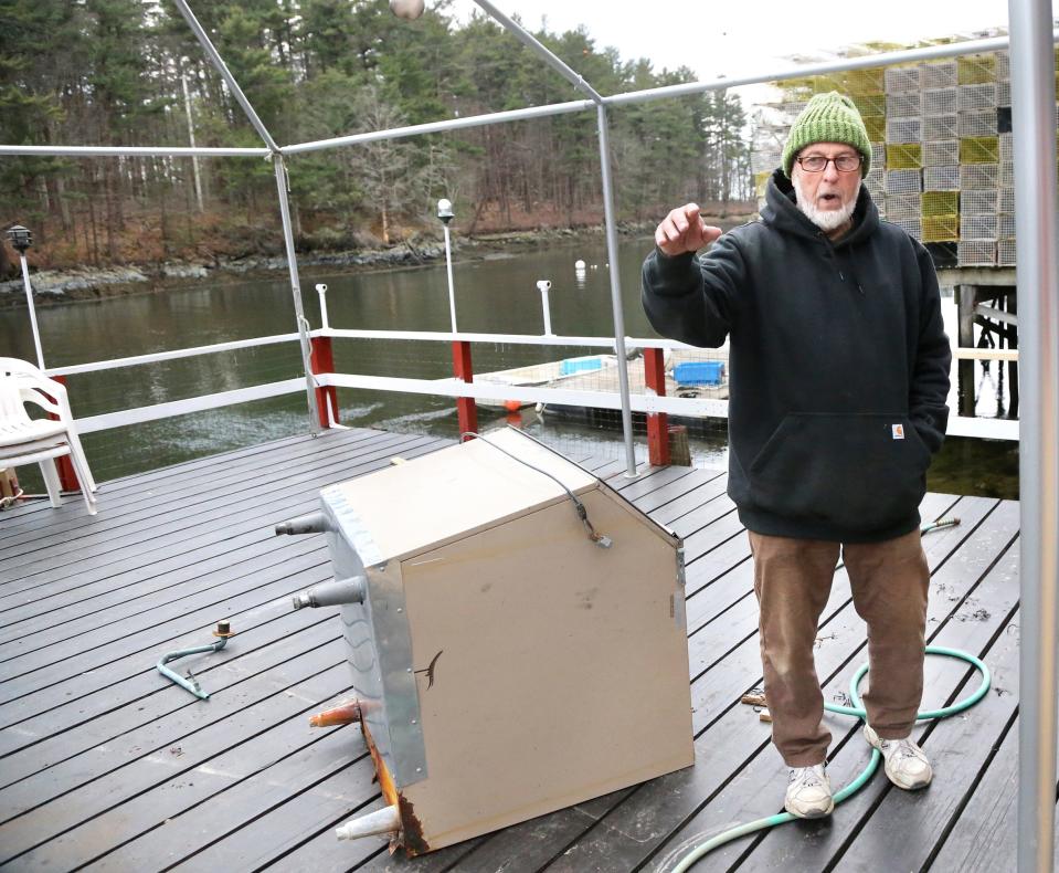 Chauncey Creek Lobster Pier owner Ron Spinney says water in the restaurant's kitchen surpassed 3 feet following winter storms in January.