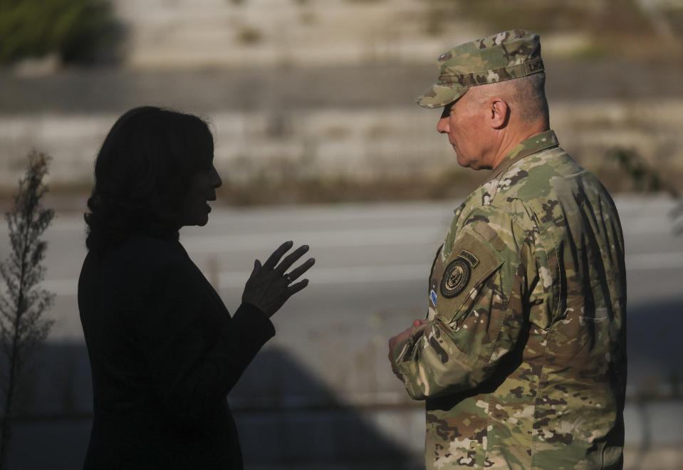 U.S. Vice President Kamala Harris visits the demilitarized zone (DMZ) separating the two Koreas, in Panmunjom, South Korea Thursday, Sept. 29, 2022. (Leah Millis/Pool Photo via AP)