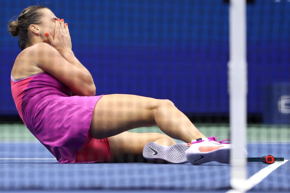 NEW YORK, NEW YORK - SEPTEMBER 07: Aryna Sabalenka of Belarus celebrates after defeating Jessica Pegula of the United States to win the Women's Singles Final on Day Thirteen of the 2024 US Open at USTA Billie Jean King National Tennis Center on September 07, 2024 in the Flushing neighborhood of the Queens borough of New York City. (Photo by Luke Hales/Getty Images) ORG XMIT: 776152838 ORIG FILE ID: 2170736875