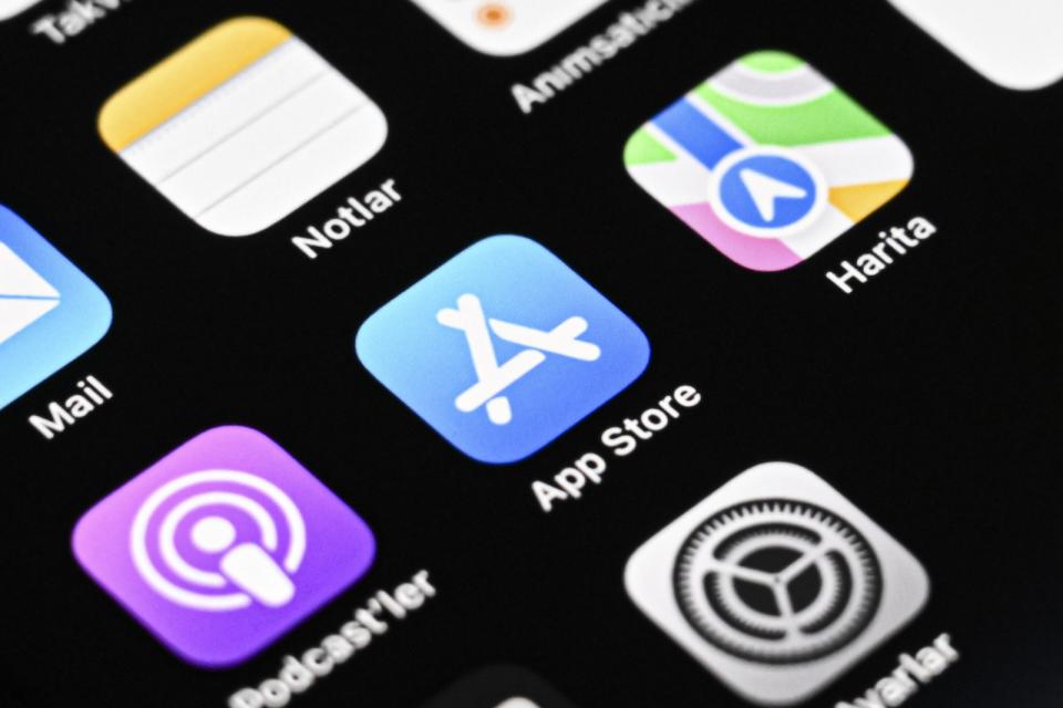 ANKARA, TURKIYE - SEPTEMBER 05: In this photo illustration, App Store icon is being displayed among other Apple apps on an iPhone screen in Ankara, Turkiye on September 5, 2023. (Photo by Berke Bayur/Anadolu Agency via Getty Images)