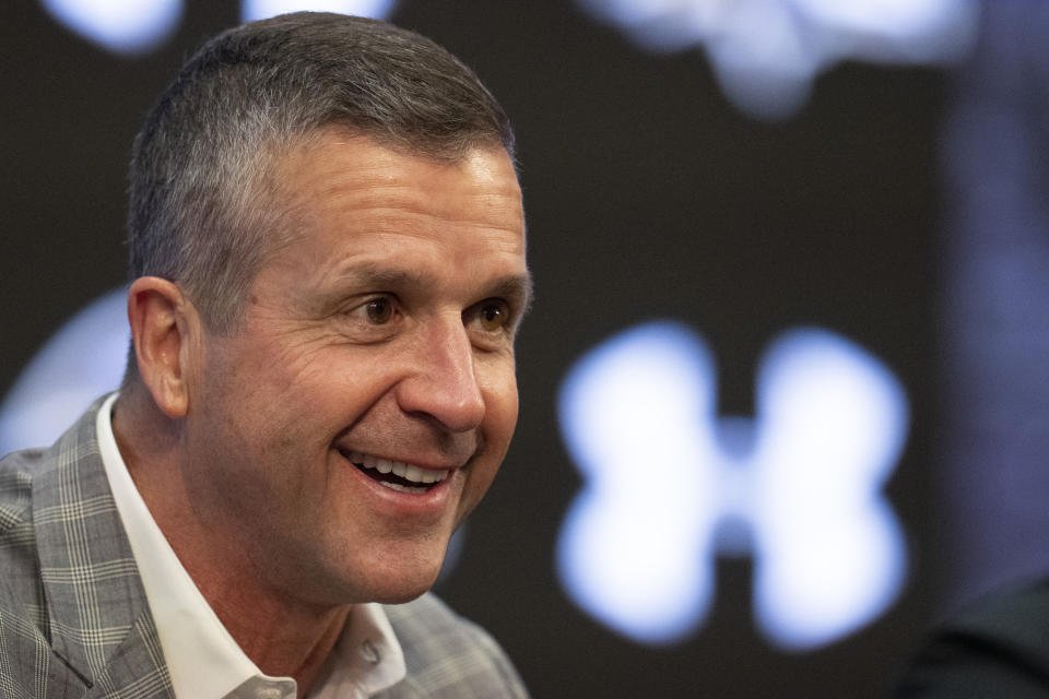 Baltimore Ravens head coach John Harbaugh speaks about first round draft pick Zay Flowers during a news conference at the NFL football team's training center in Owings Mills, Md., Friday, April 28, 2023. (AP Photo/Julio Cortez)