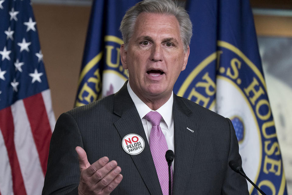 House Minority Leader Kevin McCarthy, R-Calif., speaks during a news conference at the Capitol in Washington, Friday, Feb. 26, 2021. (AP Photo/J. Scott Applewhite)