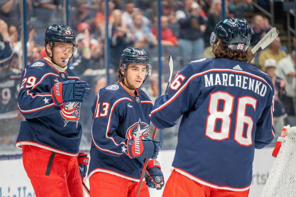 Oct 4, 2023; Columbus, Ohio, United States;
Columbus Blue Jackets forward Patrik Laine (29) celebrates his goal with Johnny Gaudreau (13) and Kirill Marchenko (86) during their game against the Buffalo Sabres on Wednesday, Oct. 4, 2023 at Nationwide Arena.