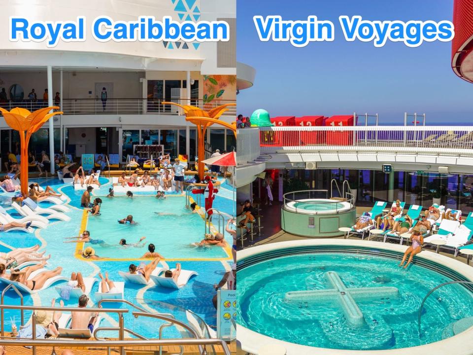 Left: a Royal Caribbean ship pool. Right: a Virgin Voyages ship pool
