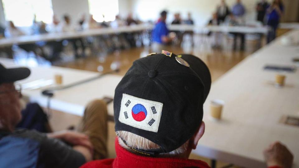Jim Schiller, U.S. Navy veteran, has a South Korean flag on his veteran’s cap. He was one of 53 Korean War veterans who gathered Thursday, July 27, 2023, to share memories at the Veterans Memorial Building in San Luis Obispo on the 70th anniversary of the armistice.
