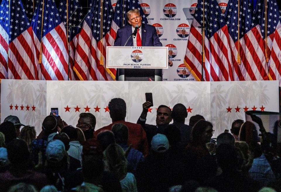 Former President Donald Trump speaks at an event hosted by the pro-Trump Club 47 USA, at the Palm Beach County Convention Center on Wednesday, October 11, 2023.