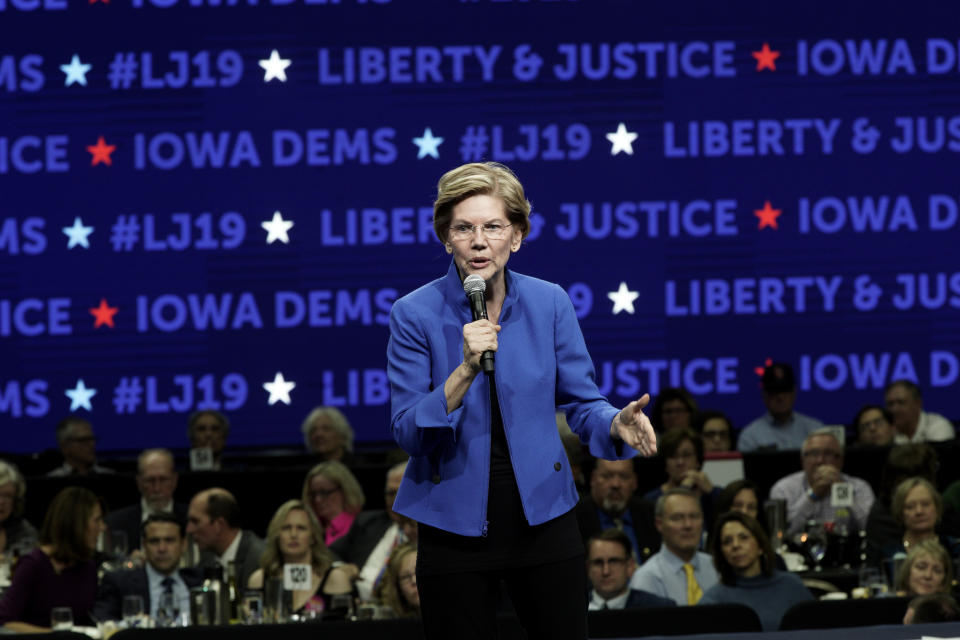 Democratic presidential candidate Sen. Elizabeth Warren speaks during the Iowa Democratic Party's Liberty and Justice Celebration, Friday, Nov. 1, 2019, in Des Moines, Iowa. (AP Photo/Nati Harnik)