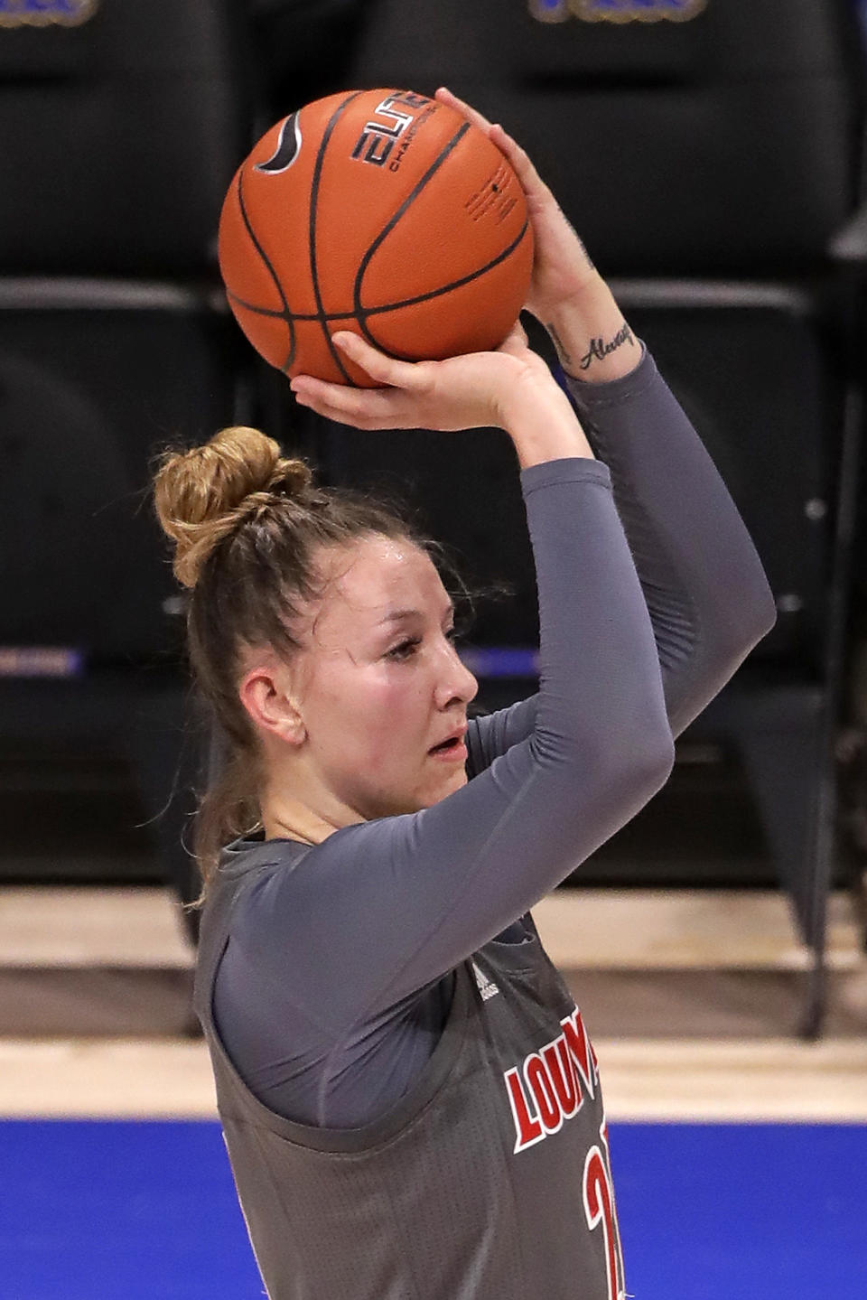 Louisville's Kylee Shook shoots a three-point basket during the first half of an NCAA college basketball game against the Pittsburgh in Pittsburgh, Sunday, Feb. 23, 2020. (AP Photo/Gene J. Puskar)