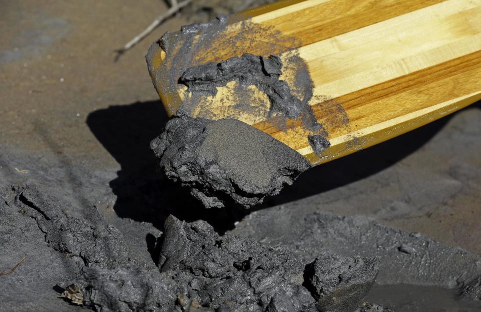 Brian Williams, not shown, program manager for the Dan River Basin Association, scoops up coal ash on his canoe paddle from the bank of the Dan River as state and federal environmental officials continued their investigations of a spill of coal ash in Eden, N.C., Wednesday, Feb. 5, 2014. Duke Energy estimates that up to 82,000 tons of ash has been released from a break in a 48-inch storm water pipe at the Dan River Power Plant on Sunday. (AP Photo/Gerry Broome)