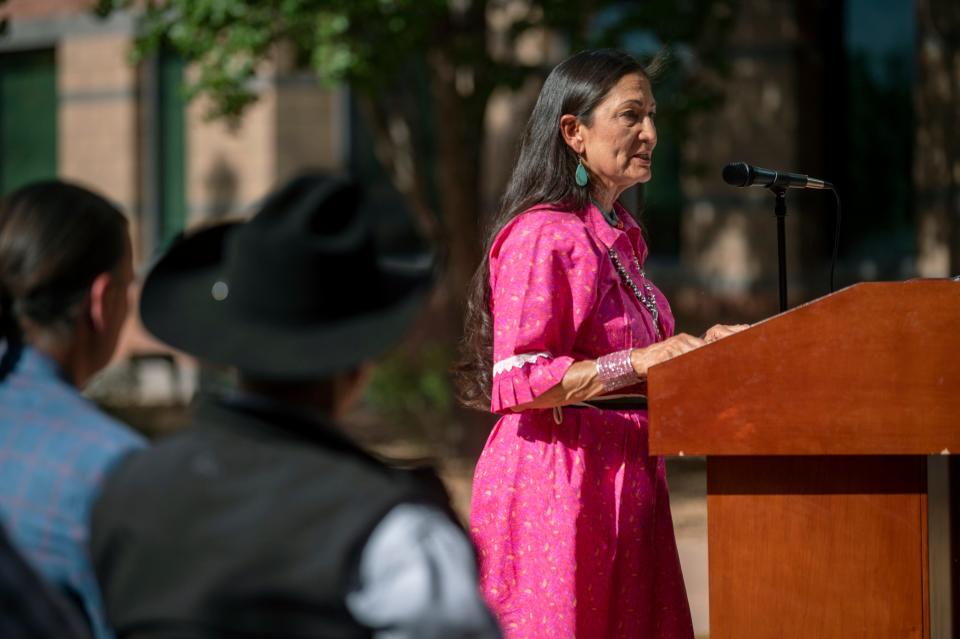 United States Secretary of the Interior Deb Haaland speaks at the Bureau of Indian Affairs, Southwest Regional Office, in Albuquerque on June 11, 2023.