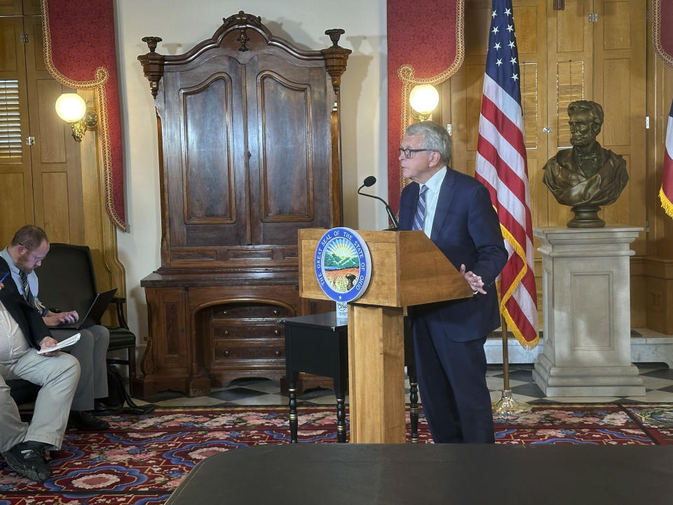 Ohio Gov. Mike DeWine speaks, Thursday, May 23, 2024 in Columbus, Ohio. Ohio’s Republican Gov. Mike DeWine said Thursday that he is calling a special session of the General Assembly next week to pass legislation ensuring President Joe Biden is on the state’s 2024 ballot. (AP Photo/Julie Carr Smyth)