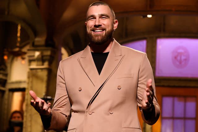 <p>Will Heath/NBC via Getty</p> Travis Kelce hosting 'Saturday Night Live' on March 4, 2023