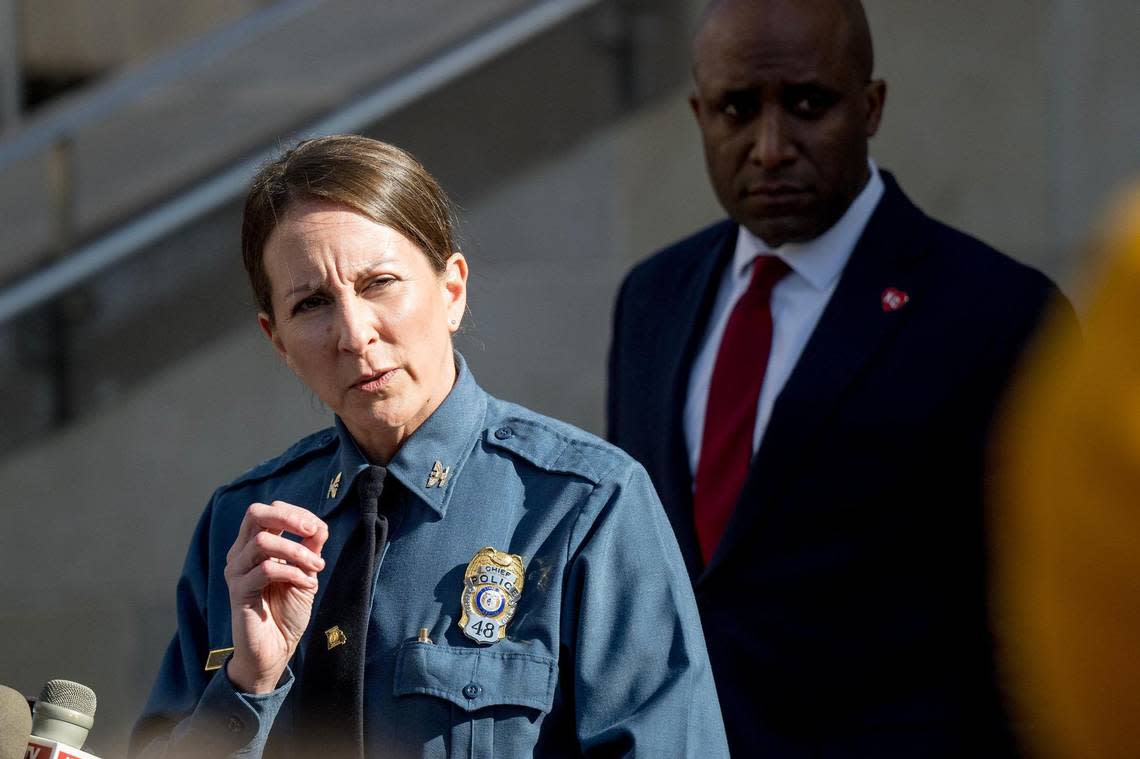 Kansas City Police Chief Stacey Graves speaks during a press conference about the Chiefs Super Bowl parade shooting on Thursday, Feb. 15, 2024, in Kansas City.