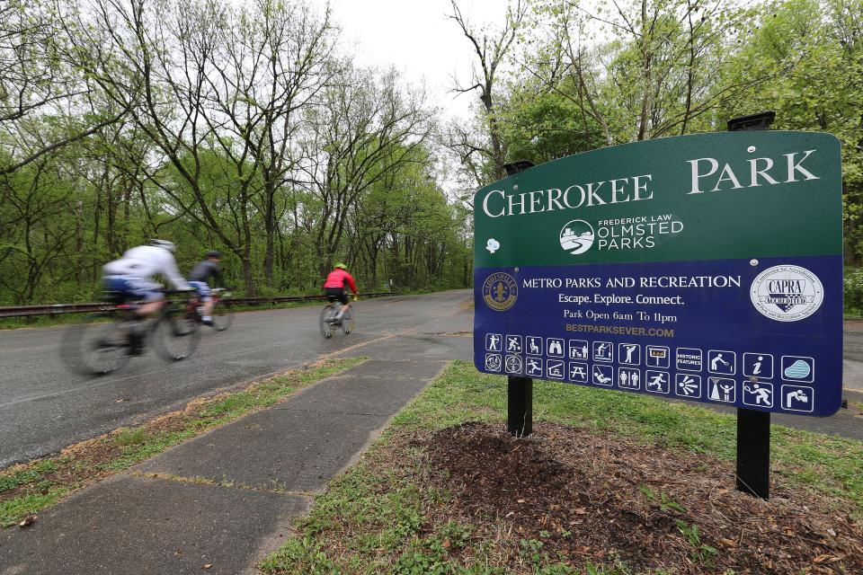 Cyclists entered Cherokee Park off Lexington Road during the Kentucky Derby Festival Tour de Lou in Louisville, Ky. on Apr. 16, 2023.  